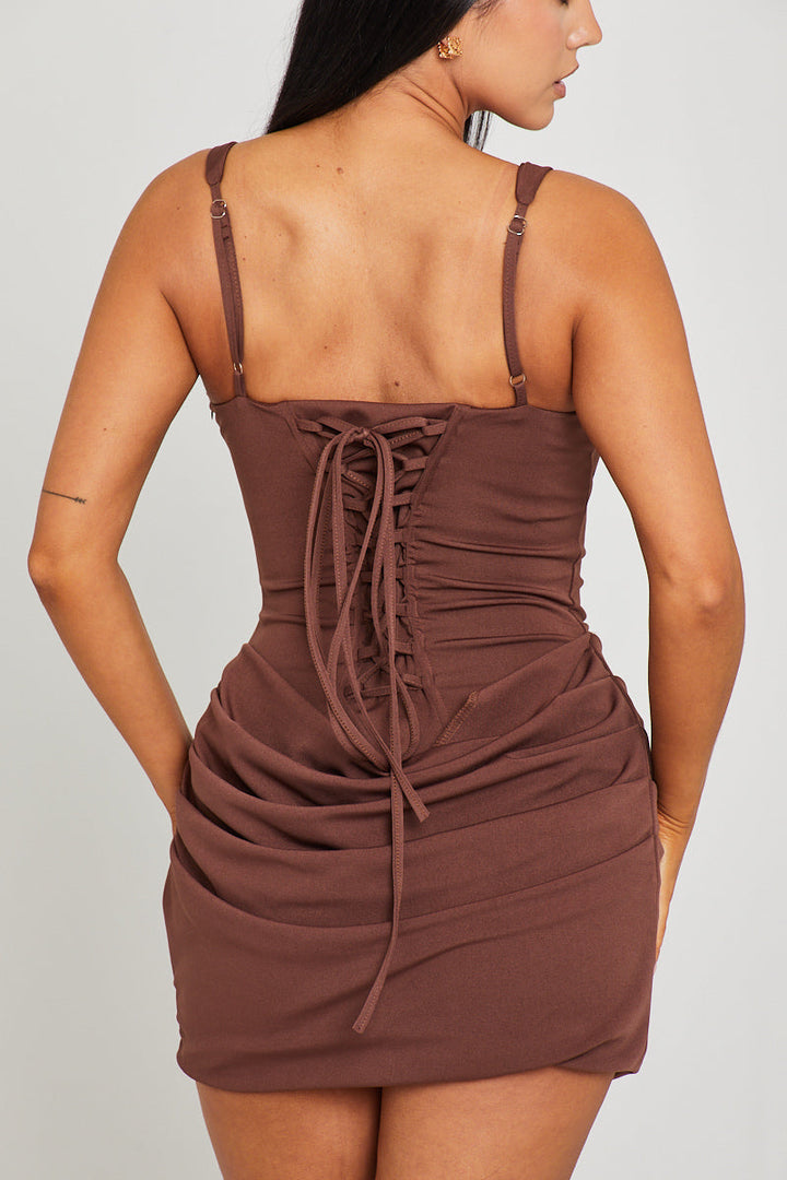 Valantomode | Chic Brown Draped Corset Tie Back Mini Dress
