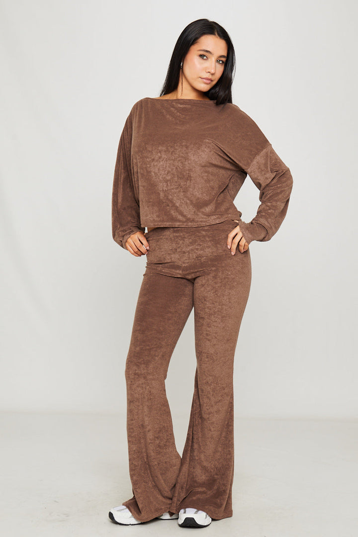 Valantomode | Chic Brown One Shoulder Knitted Loungewear Set