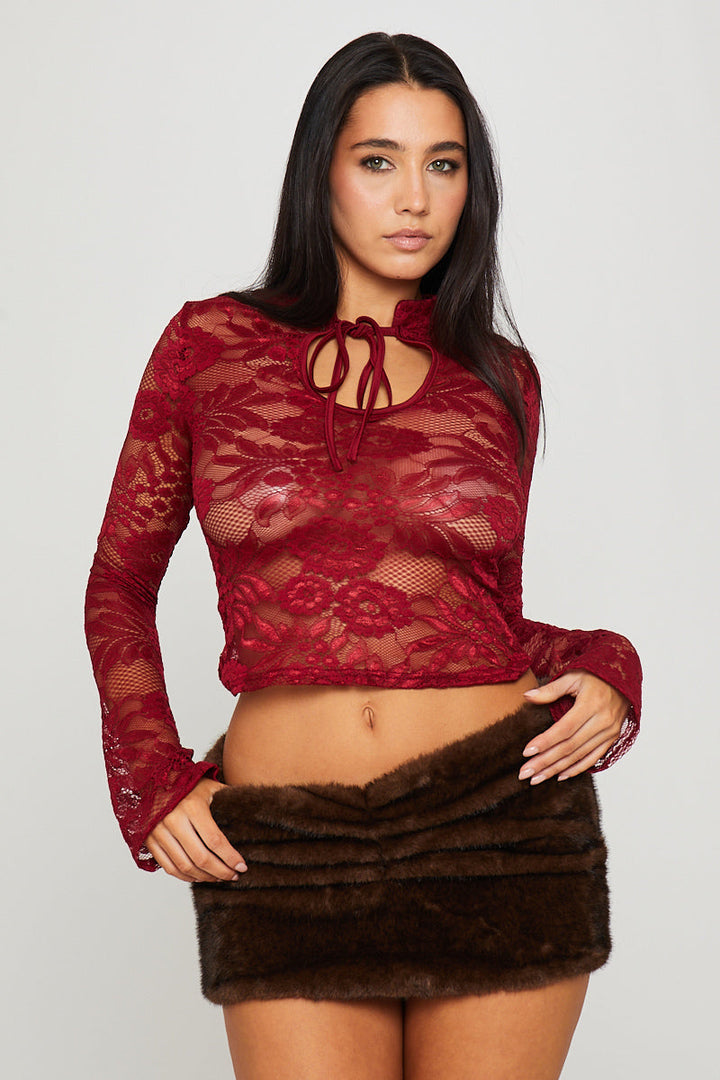 Valantomode | Elegant Burgundy Sheer Lace Keyhole Top for Chic Style