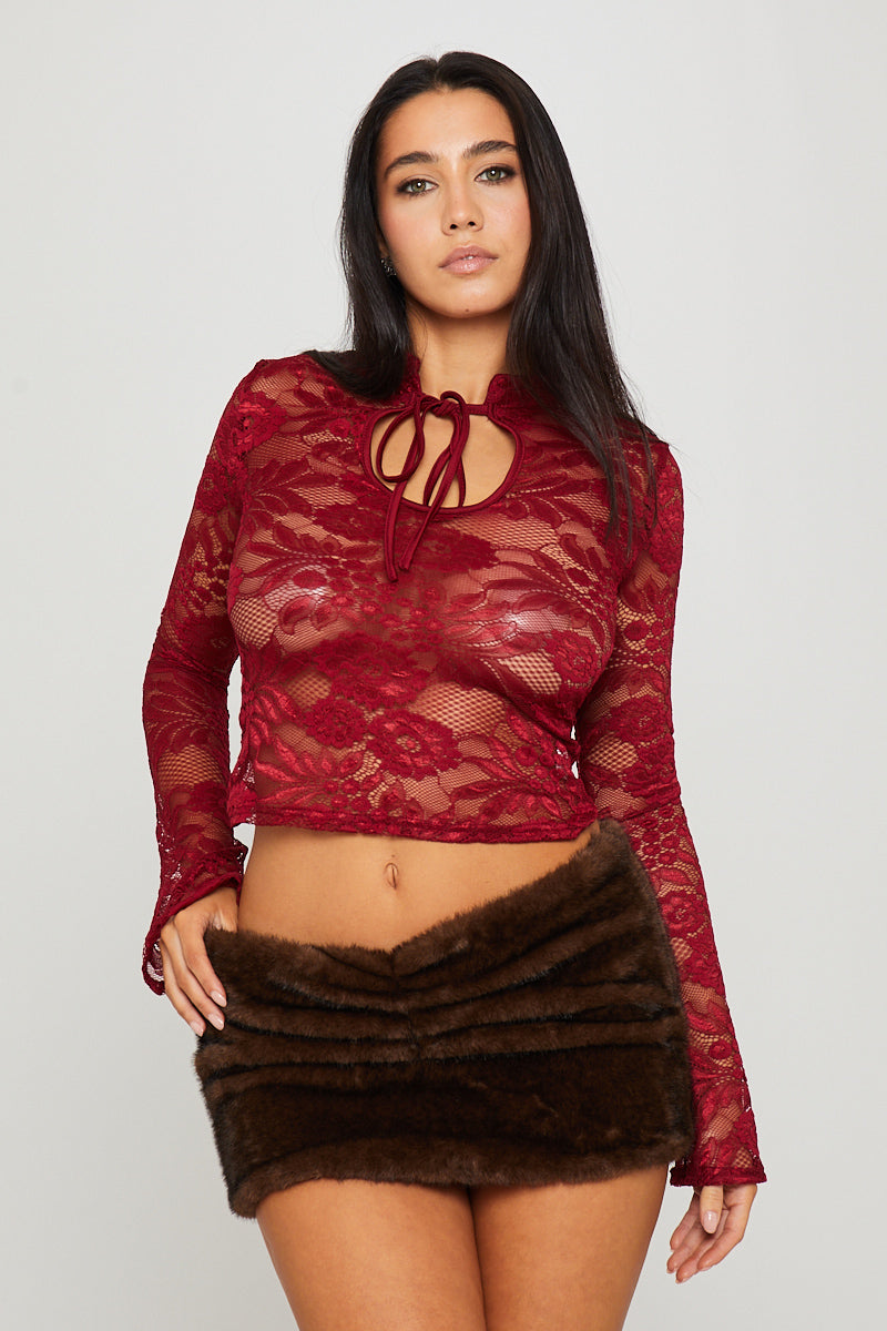 Valantomode | Elegant Burgundy Sheer Lace Keyhole Top for Chic Style