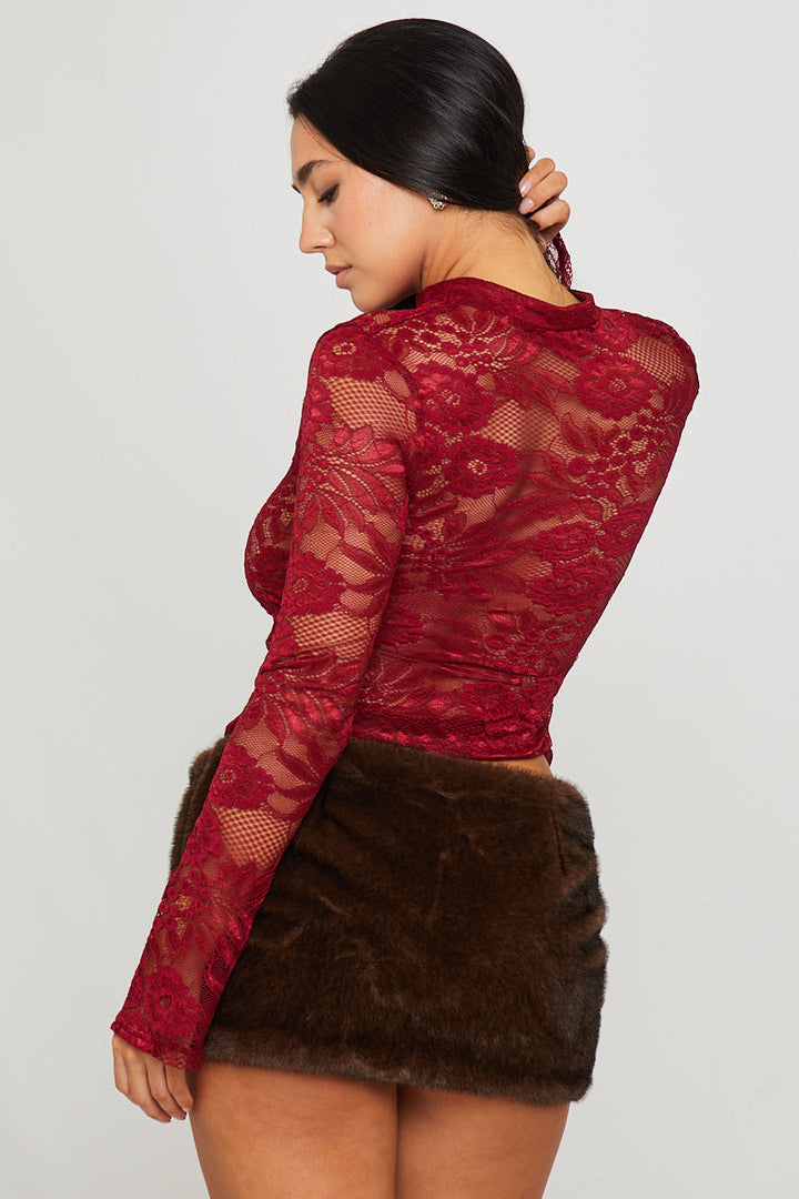 Valantomode | Elegant Burgundy Sheer Lace Keyhole Top for Chic Style