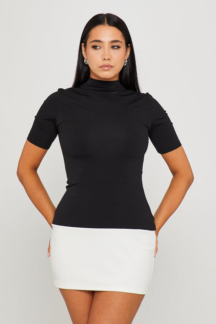 Valantomode | Chic Black & White Colour Block High Neck Mini Dress
