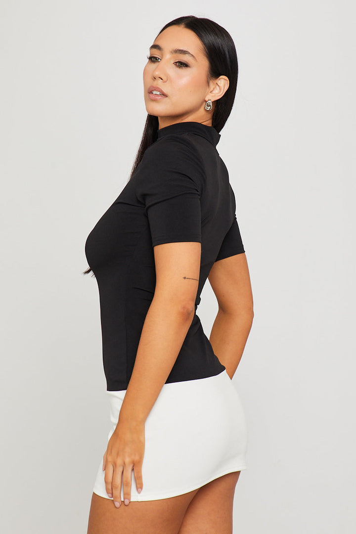 Valantomode | Chic Black & White Colour Block High Neck Mini Dress