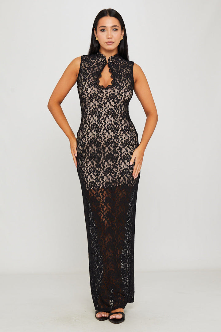 Valantomode | Elegant Black Lace Keyhole Bodycon Midi Dress