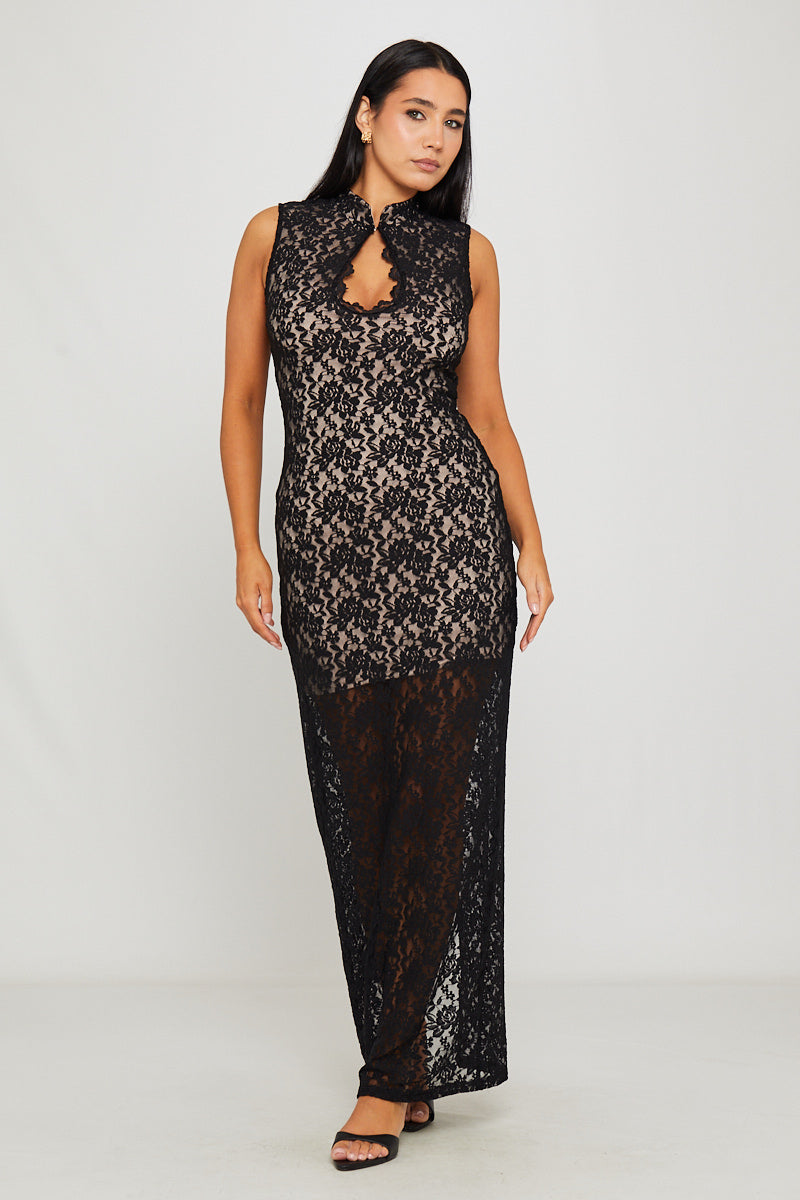 Valantomode | Elegant Black Lace Keyhole Bodycon Midi Dress