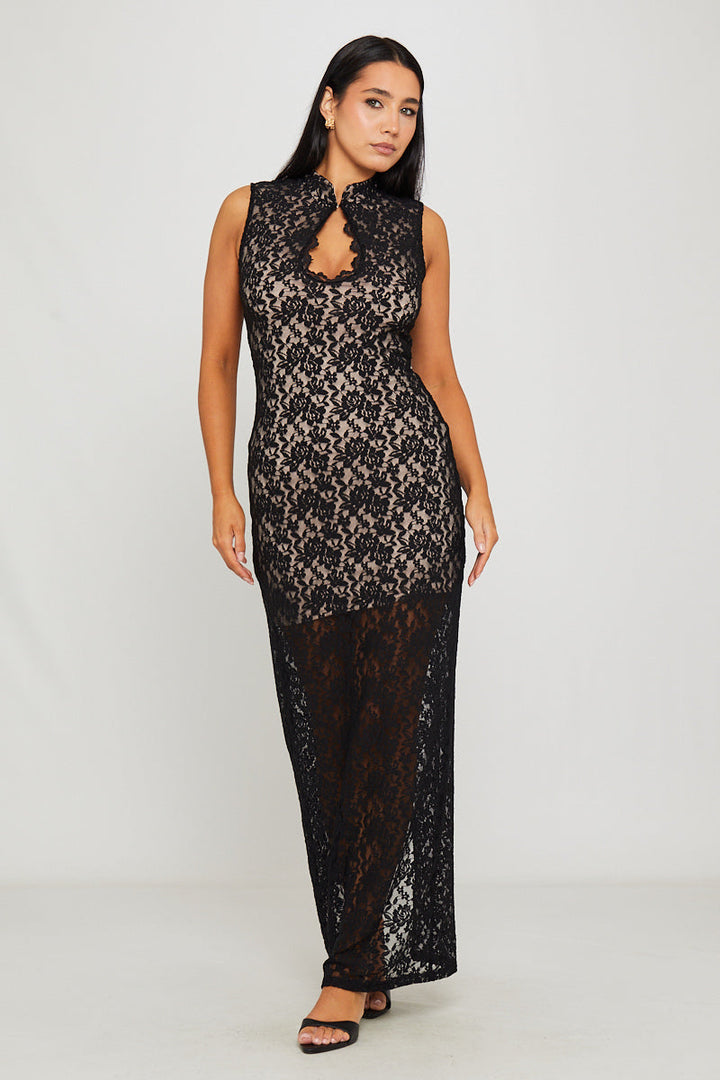 Valantomode | Elegant Black Lace Keyhole Bodycon Midi Dress