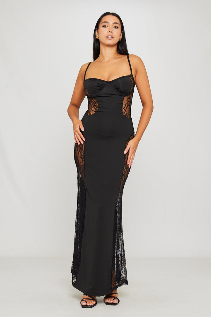 Valantomode | Elegant Black Lace Strappy Maxi Dress with Side Details