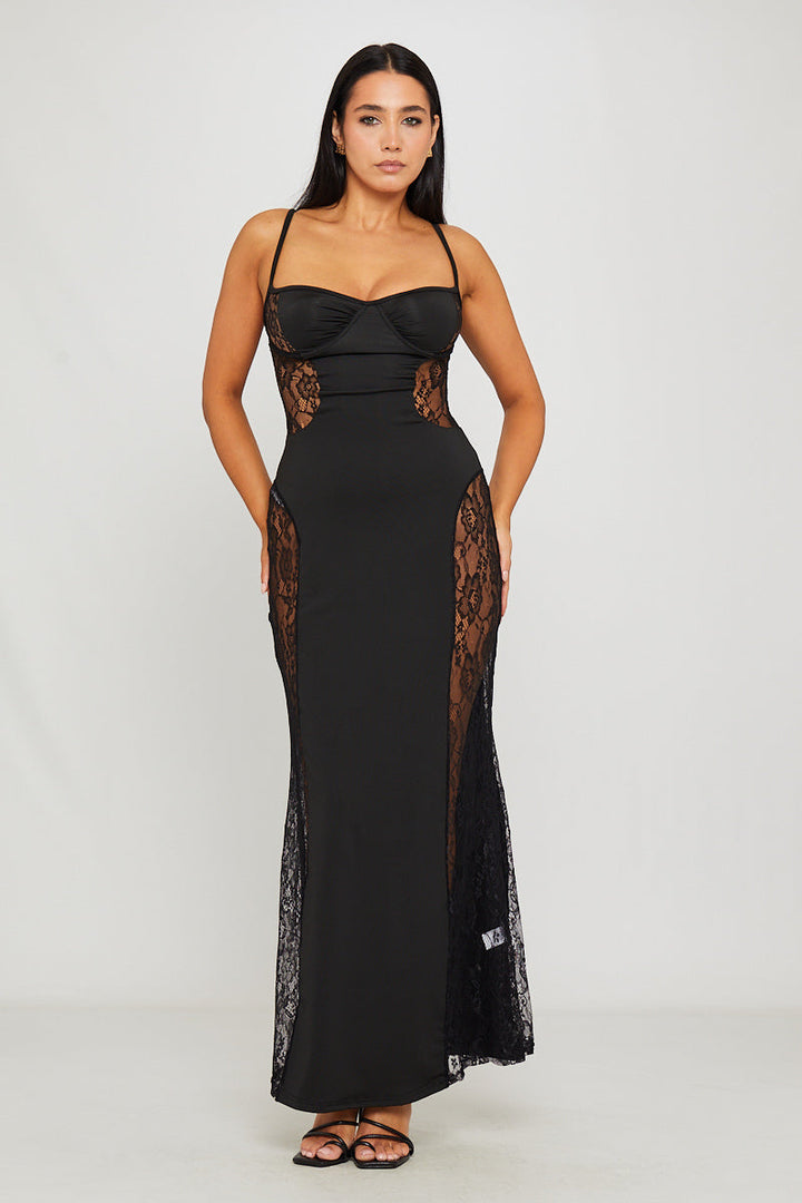 Valantomode | Elegant Black Lace Strappy Maxi Dress with Side Details
