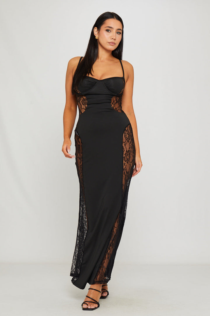 Valantomode | Elegant Black Lace Strappy Maxi Dress with Side Details