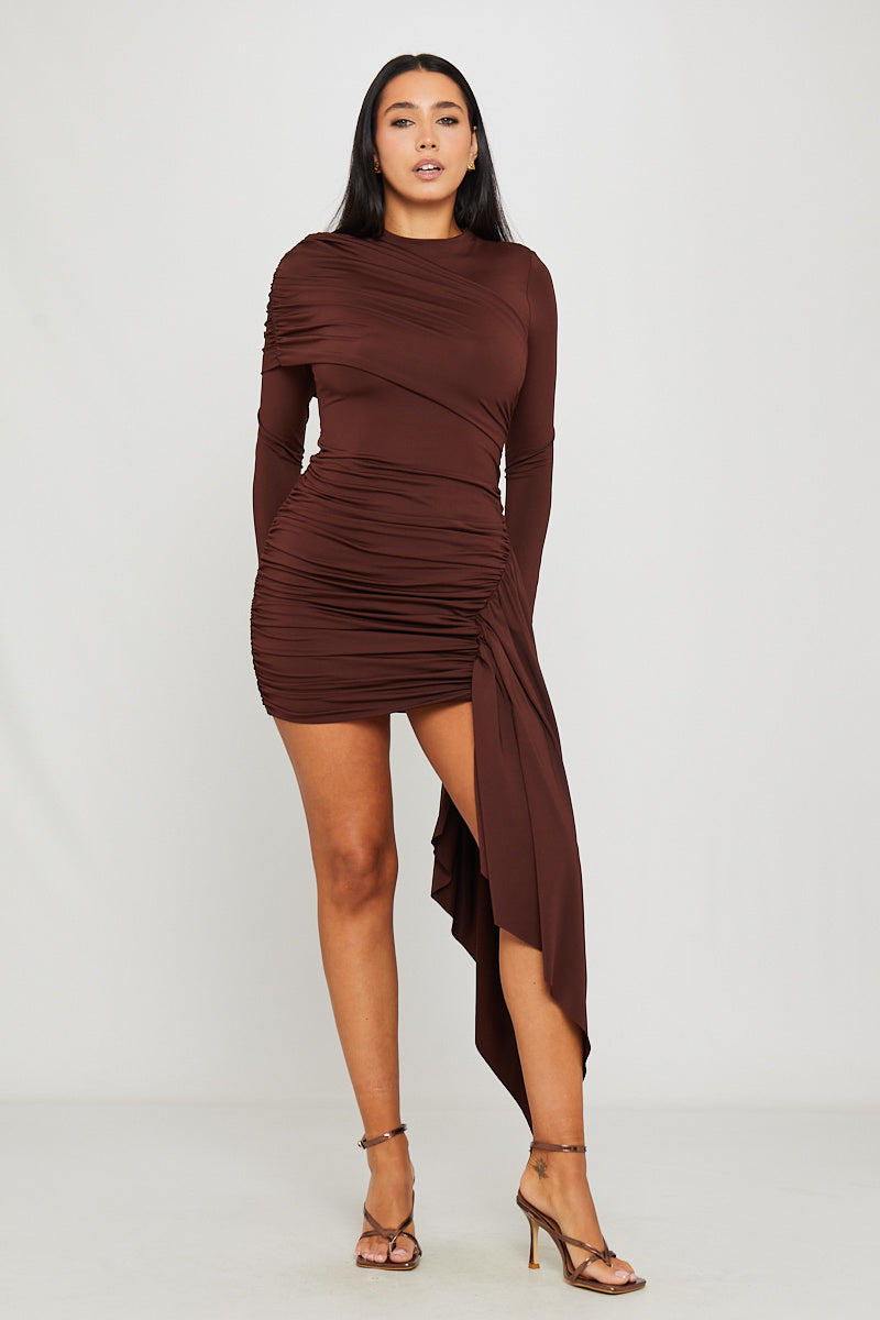 Valantomode | Chic Brown Draped Mini Dress with High Neck & Long Sleeves