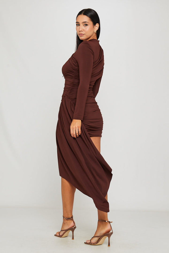 Valantomode | Chic Brown Draped Mini Dress with High Neck & Long Sleeves