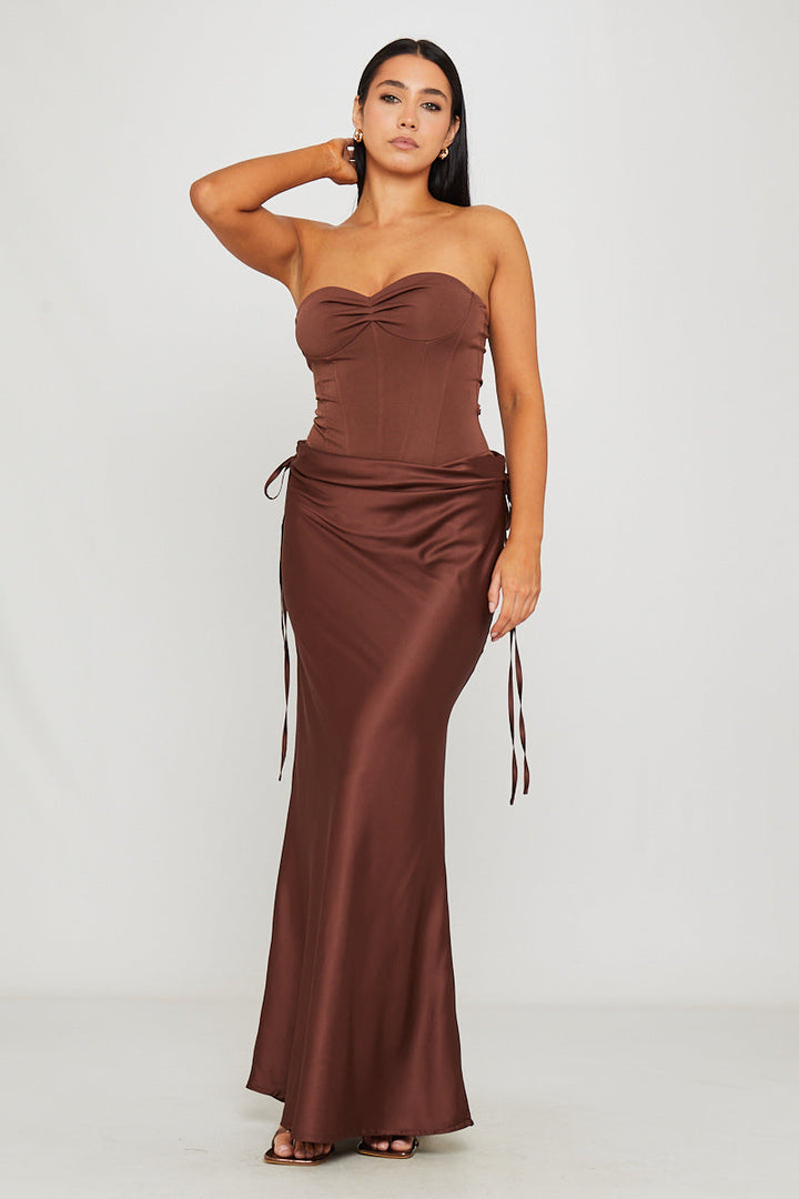 Valantomode | Chic Brown Strapless Corset Bodysuit & Maxi Skirt Set