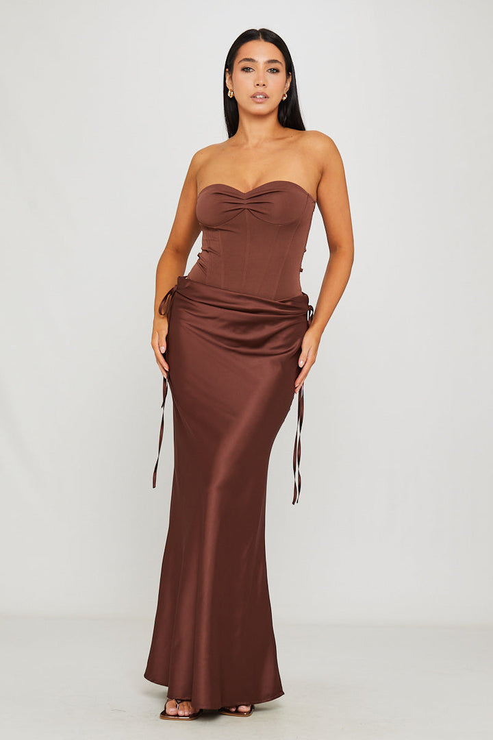 Valantomode | Chic Brown Strapless Corset Bodysuit & Maxi Skirt Set