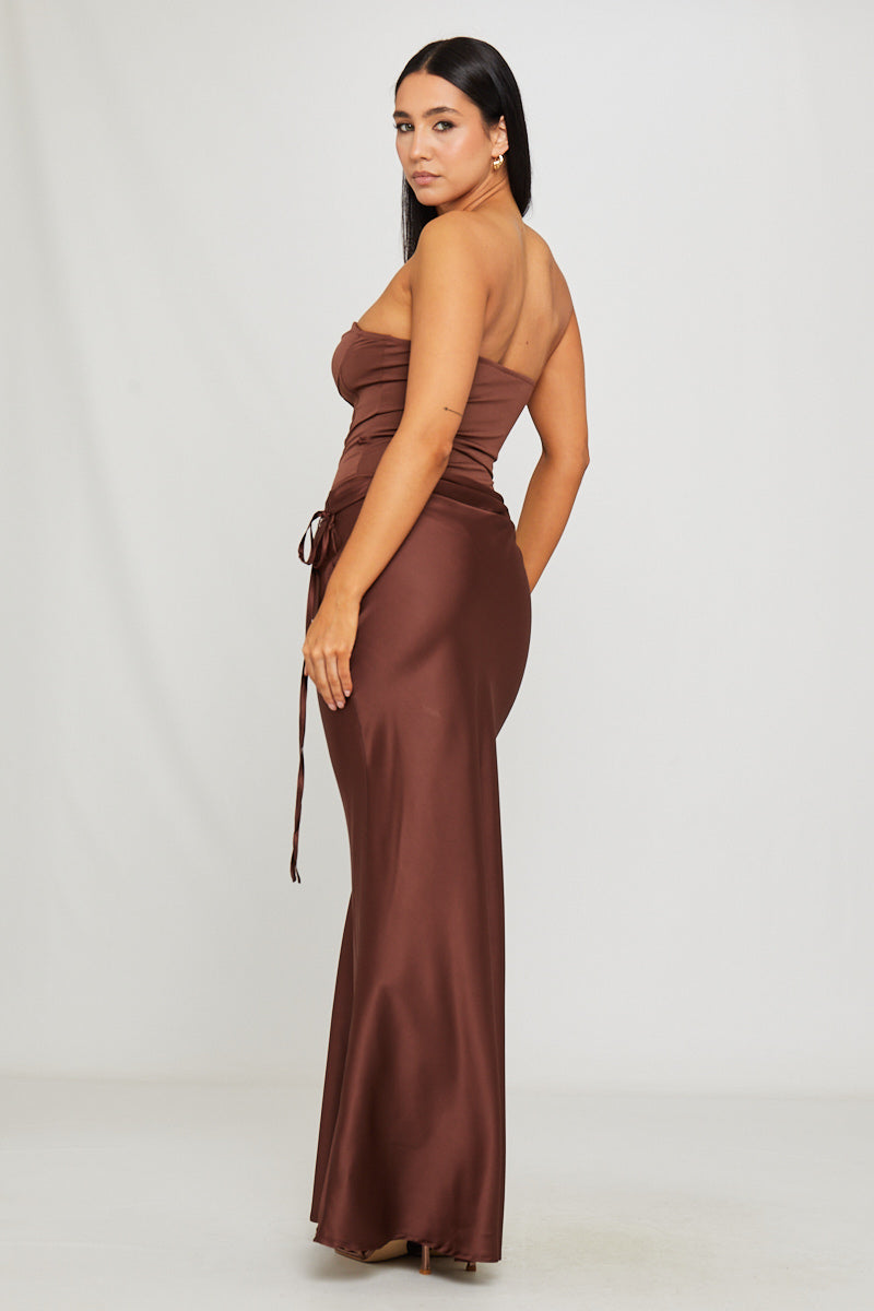 Valantomode | Chic Brown Strapless Corset Bodysuit & Maxi Skirt Set