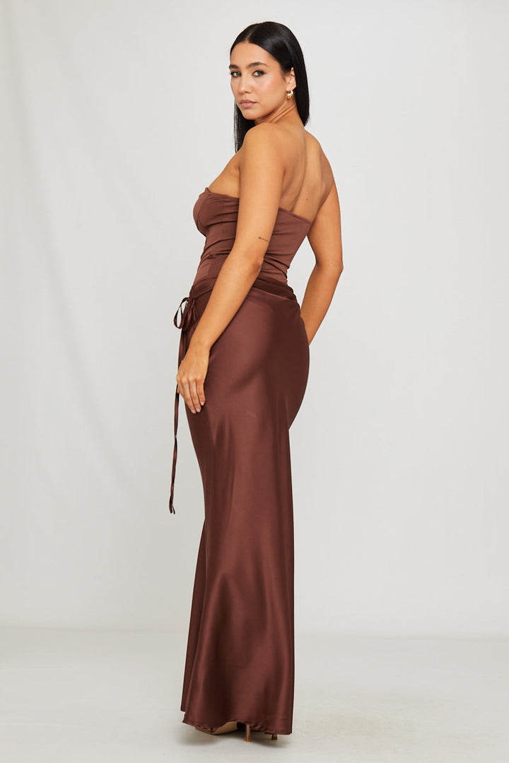 Valantomode | Chic Brown Strapless Corset Bodysuit & Maxi Skirt Set