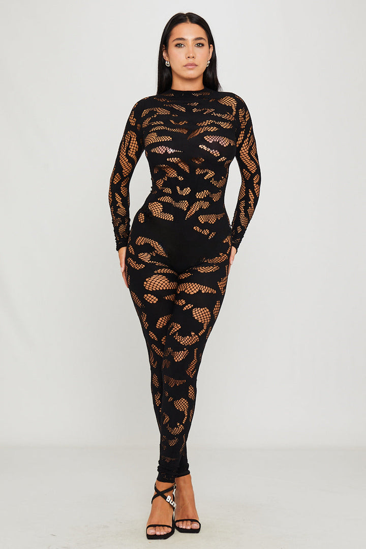 Valantomode | Chic Black High Neck Long Sleeve Cut Out Jumpsuit
