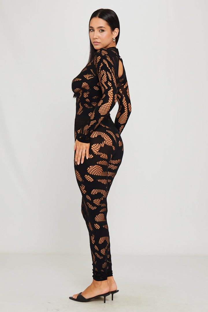 Valantomode | Chic Black High Neck Long Sleeve Cut Out Jumpsuit
