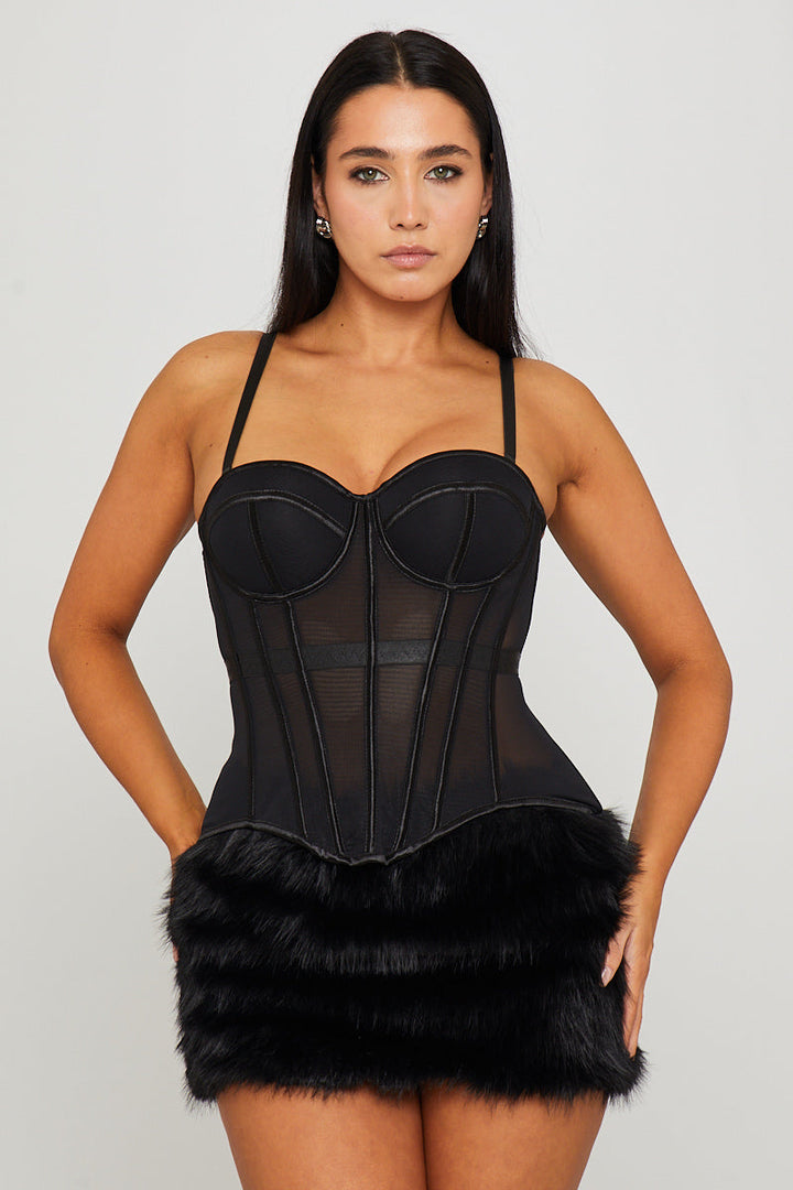 Valantomode | Elegant Black Semi-Sheer Boned Corset Bustier Top