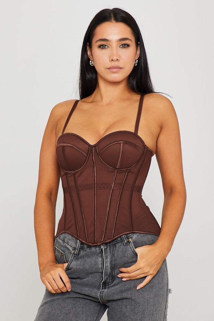 Valantomode | Chic Brown Semi-Sheer Boned Corset Bustier Top
