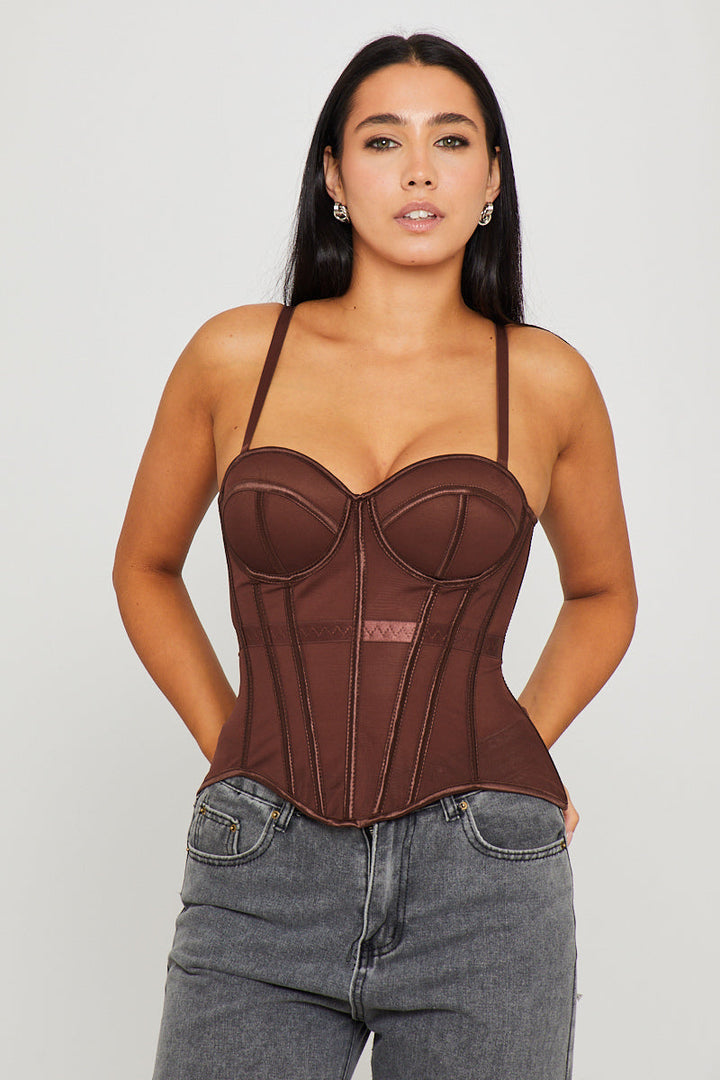 Valantomode | Chic Brown Semi-Sheer Boned Corset Bustier Top