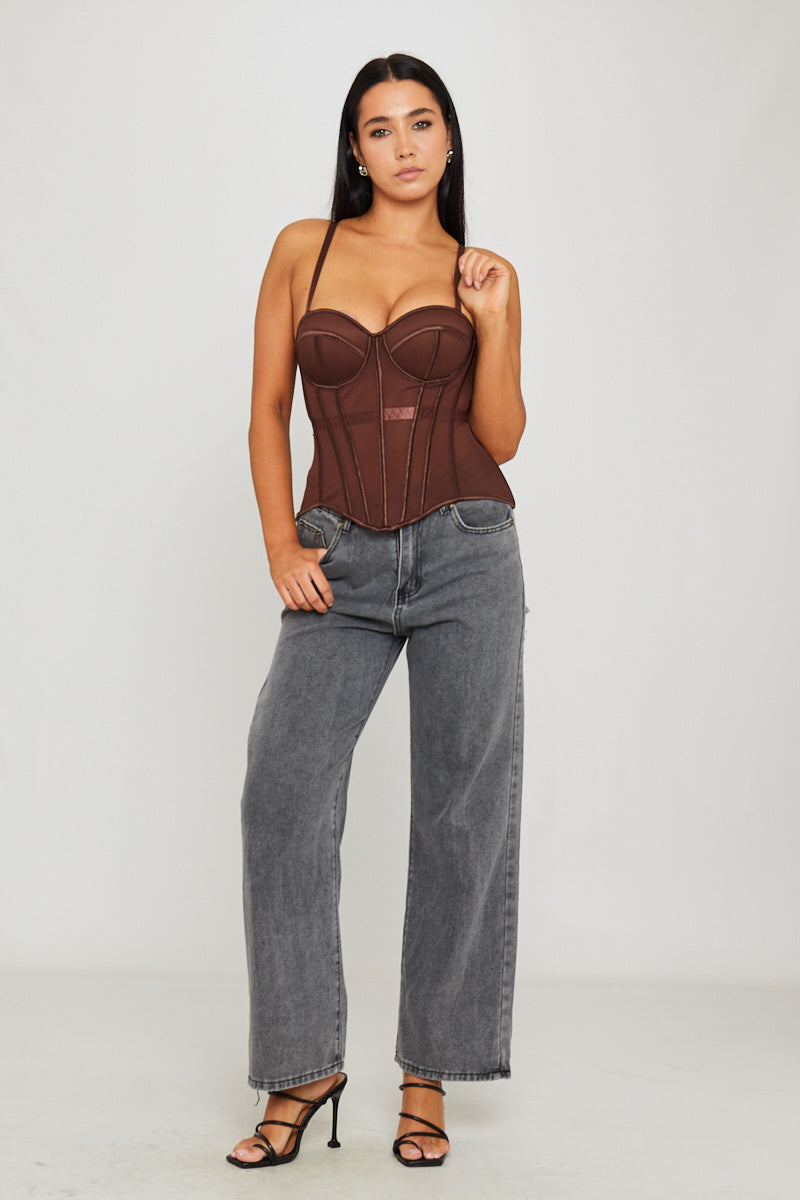 Valantomode | Chic Brown Semi-Sheer Boned Corset Bustier Top
