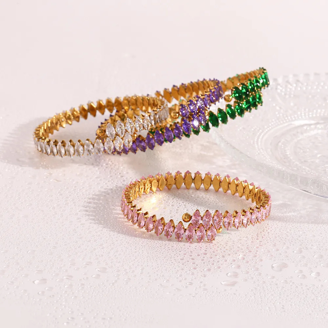 Valantomode | Plated Marquise Cuff Bracelet with Refractive Stone Architecture and Adjustable Geometry