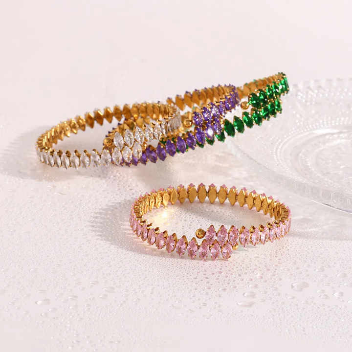 Valantomode | Plated Marquise Cuff Bracelet with Refractive Stone Architecture and Adjustable Geometry