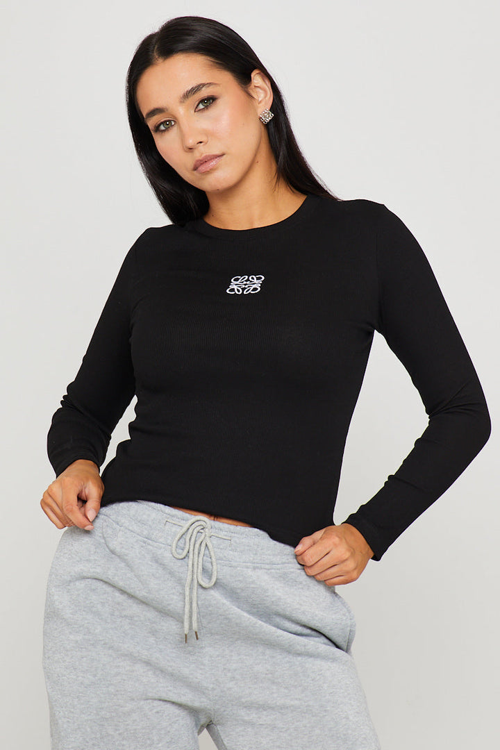 Valantomode | Stylish Black Ribbed Long Sleeve Top with Anagram Embroidery