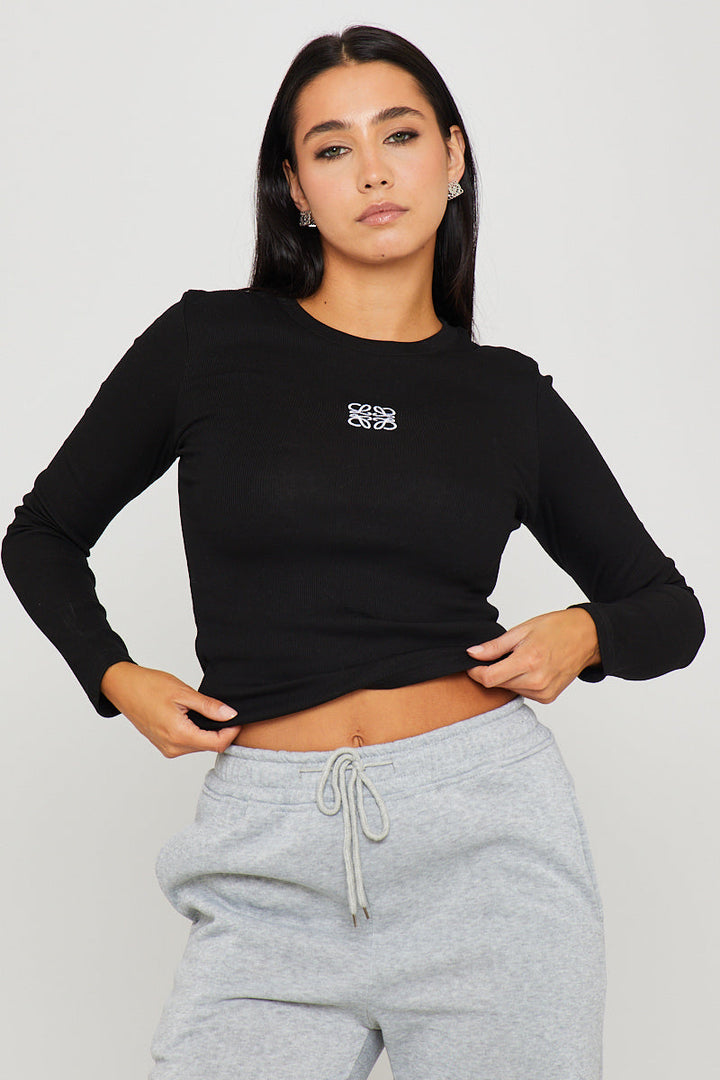 Valantomode | Stylish Black Ribbed Long Sleeve Top with Anagram Embroidery