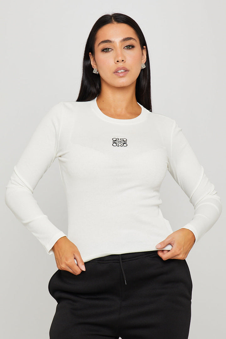 Valantomode | Stylish White Ribbed Long Sleeve Top with Anagram Embroidery