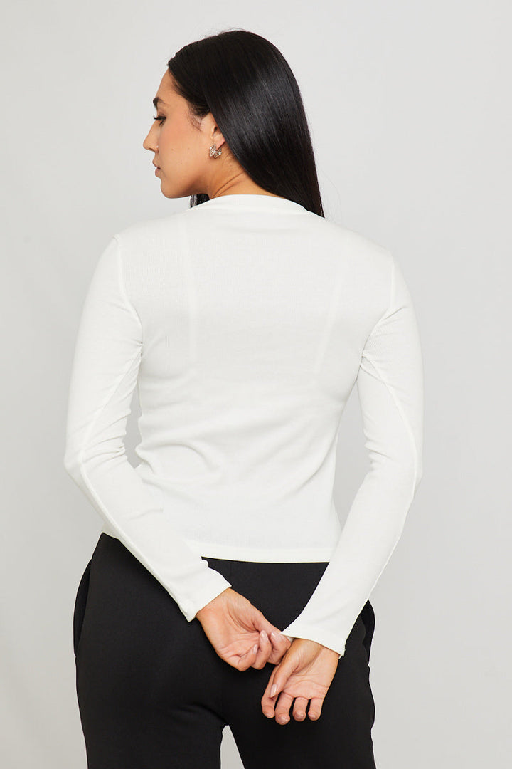 Valantomode | Stylish White Ribbed Long Sleeve Top with Anagram Embroidery