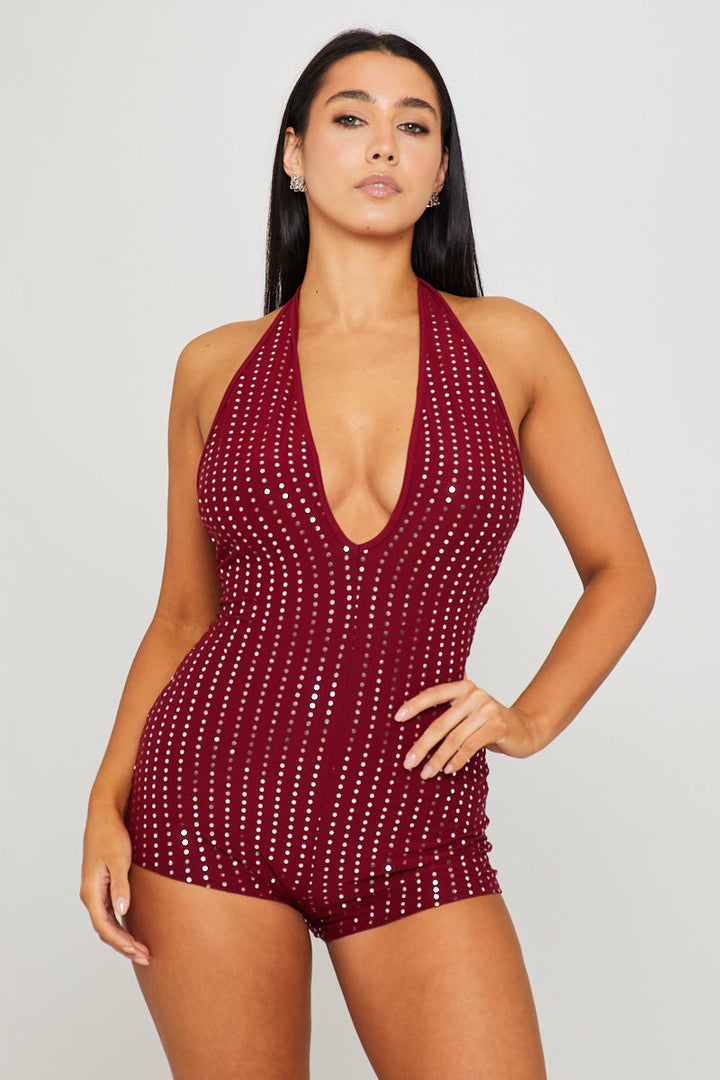 Valantomode | Chic Wine Halter Neck Plunge Playsuit for Effortless Style