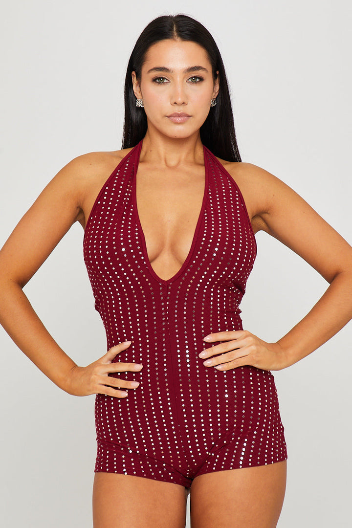 Valantomode | Chic Wine Halter Neck Plunge Playsuit for Effortless Style
