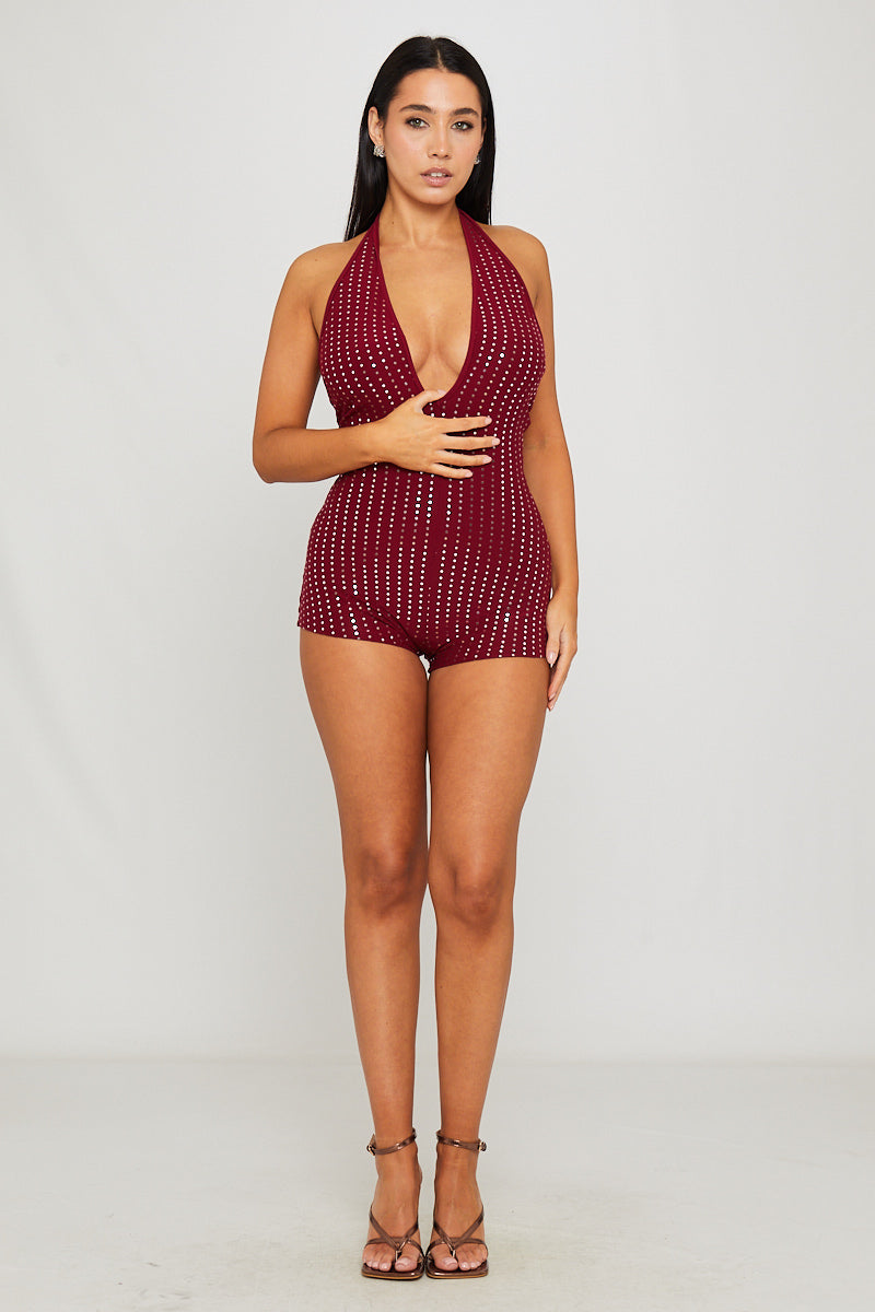 Valantomode | Chic Wine Halter Neck Plunge Playsuit for Effortless Style
