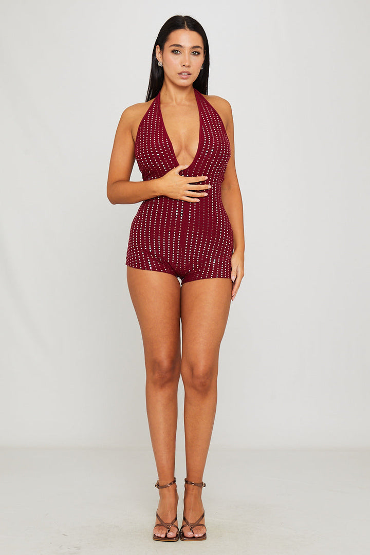 Valantomode | Chic Wine Halter Neck Plunge Playsuit for Effortless Style