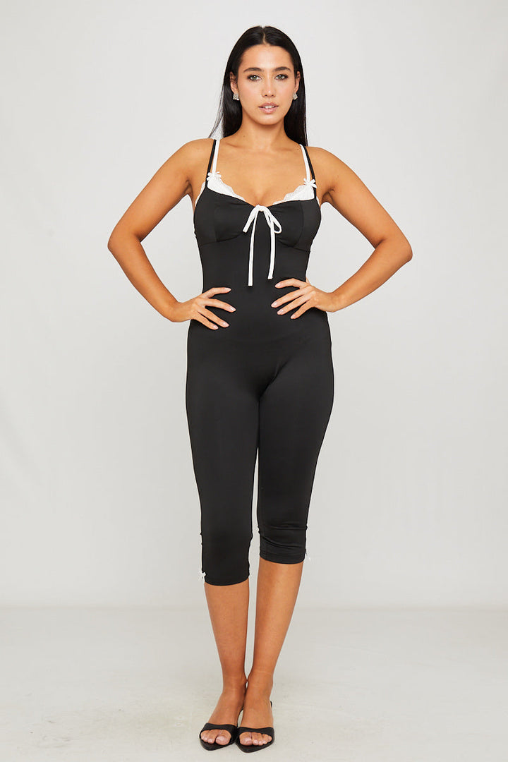 Valantomode | Chic Black Ribbed Tie-Front Capri Jumpsuit for Effortless Style