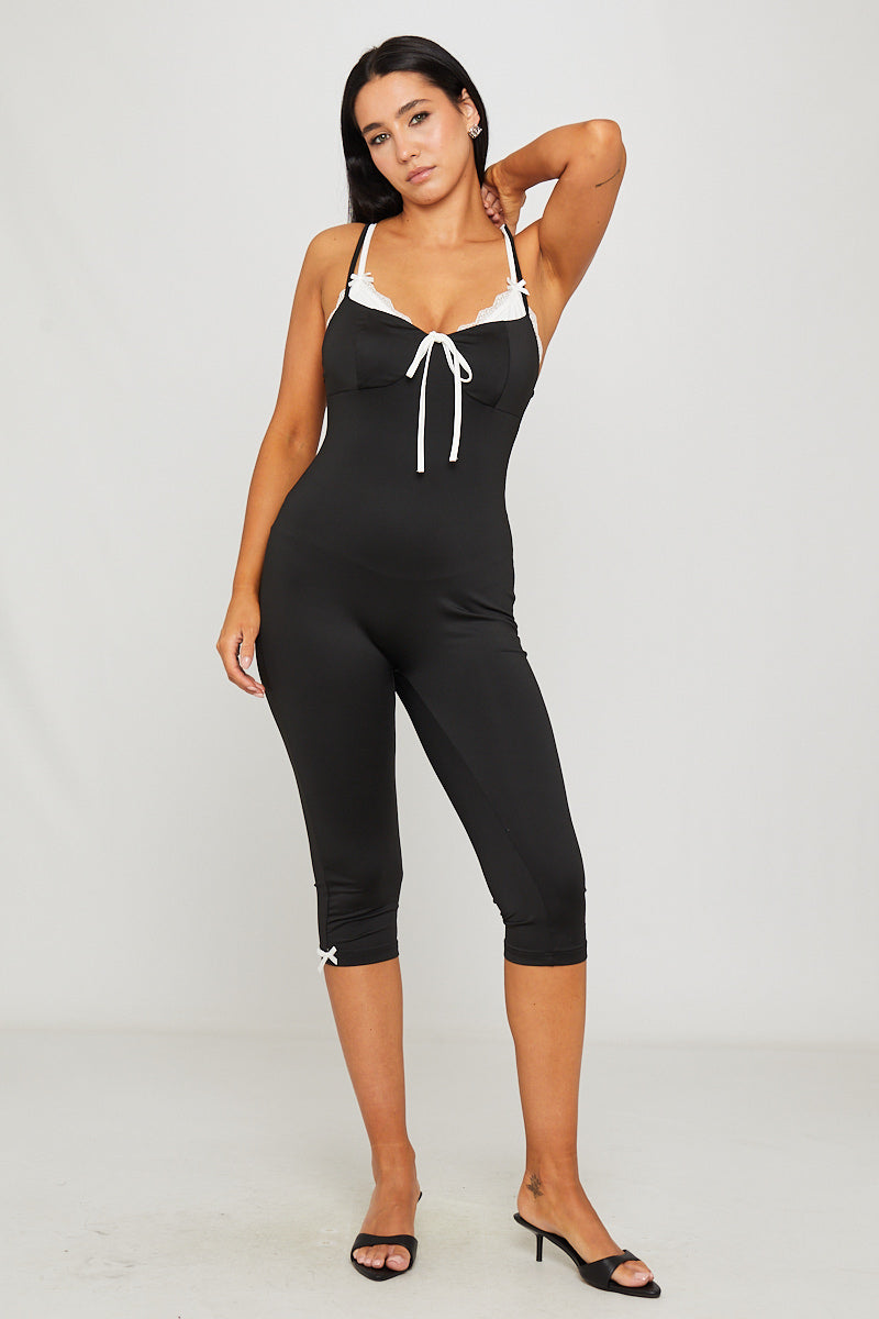 Valantomode | Chic Black Ribbed Tie-Front Capri Jumpsuit for Effortless Style