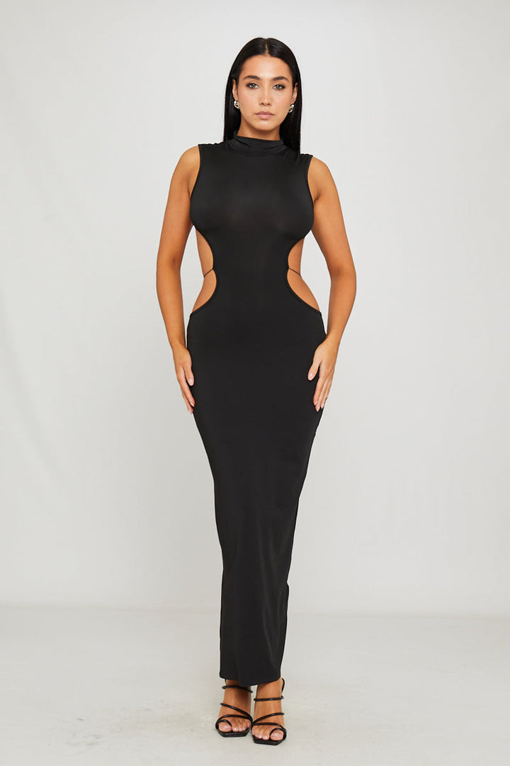 Valantomode | Elegant Black Maxi Dress with High Neck & Butterfly Back
