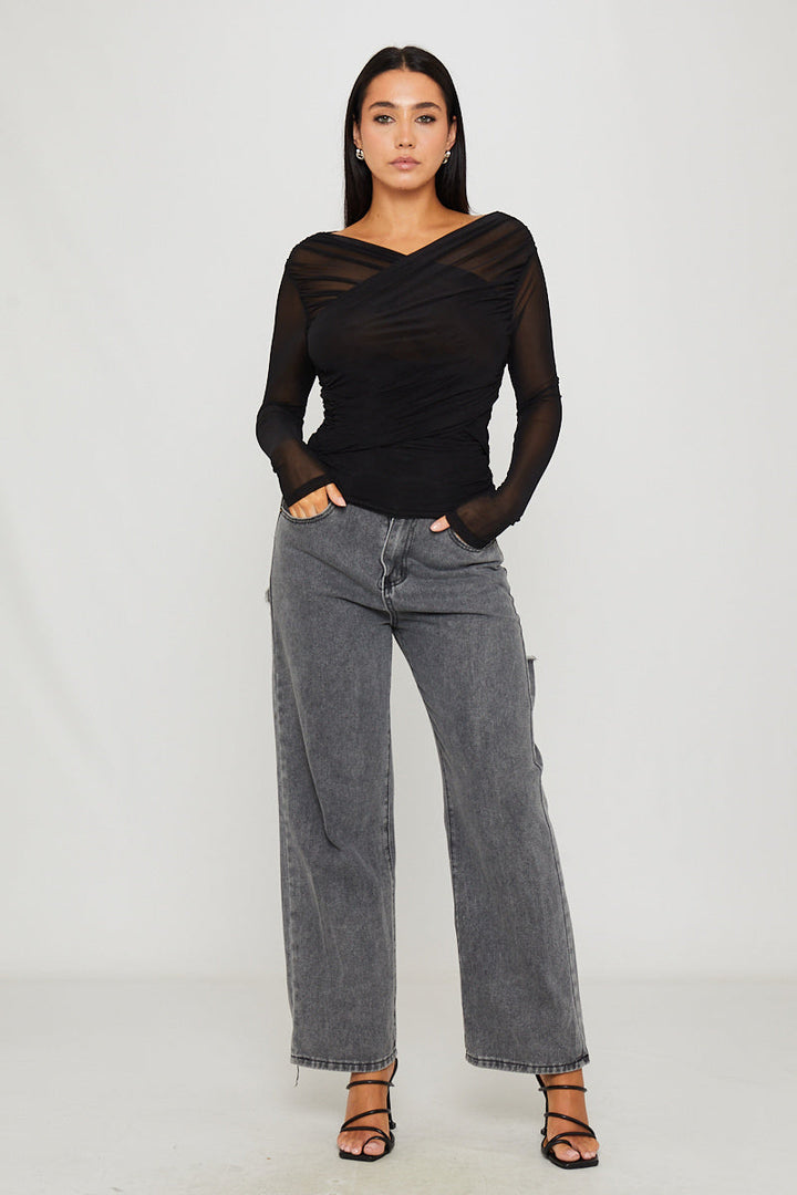 Valantomode | Chic Black Ruched Long Sleeve Wrap Top for Effortless Style