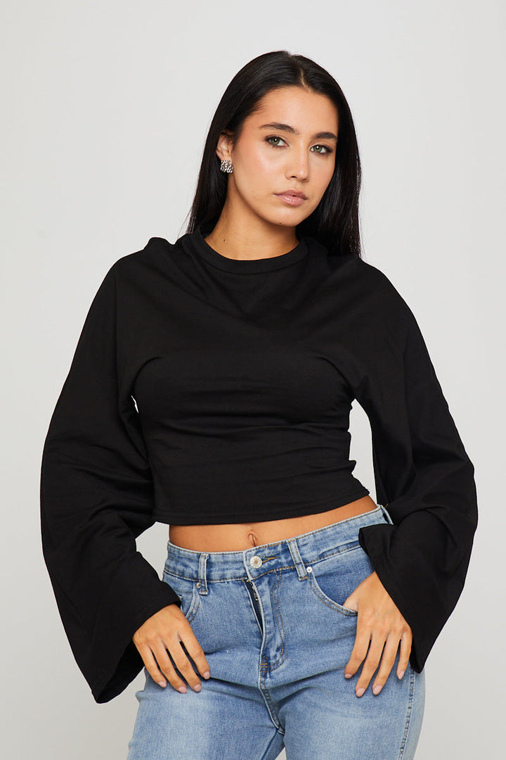 Valantomode | Chic Black Long Sleeve Top with Cinched Waist Design
