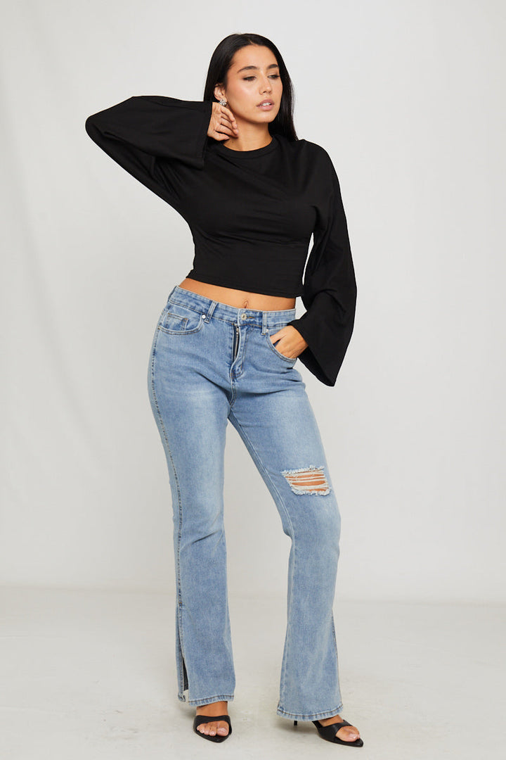 Valantomode | Chic Black Long Sleeve Top with Cinched Waist Design