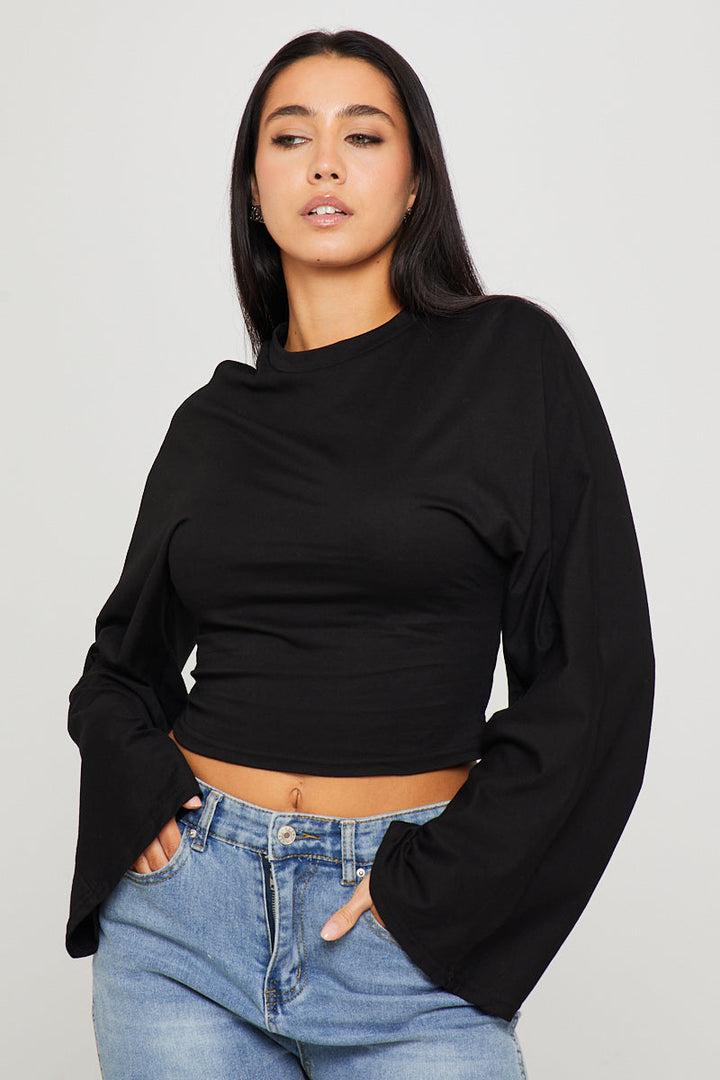 Valantomode | Chic Black Long Sleeve Top with Cinched Waist Design