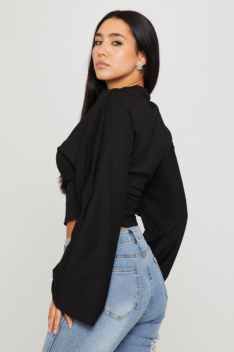 Valantomode | Chic Black Long Sleeve Top with Cinched Waist Design