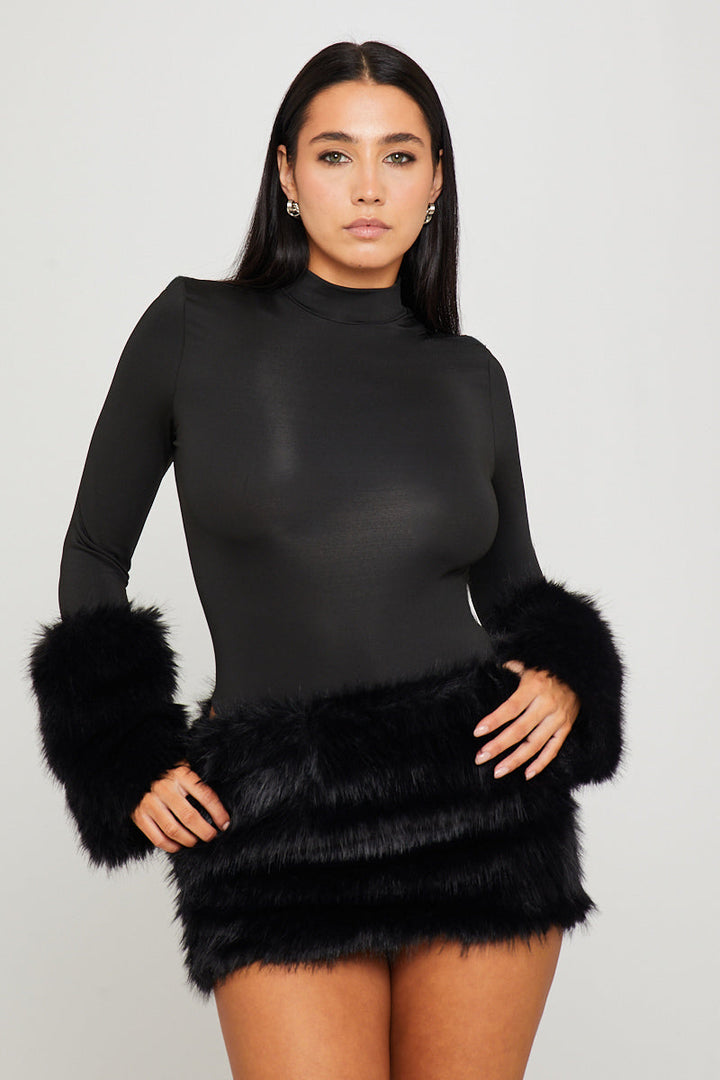 Valantomode | Chic Black High Neck Faux Fur Long Sleeve Bodysuit