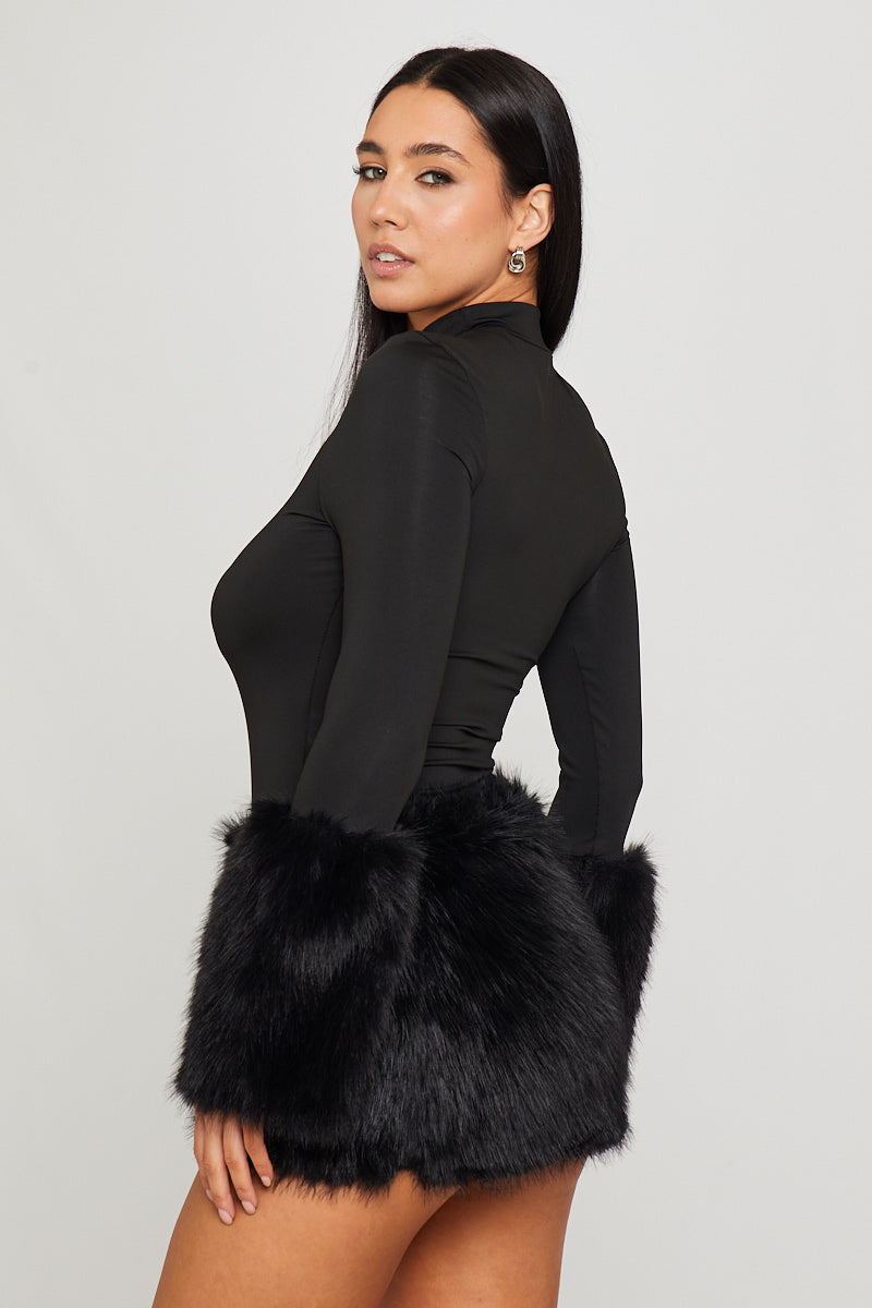 Valantomode | Chic Black High Neck Faux Fur Long Sleeve Bodysuit