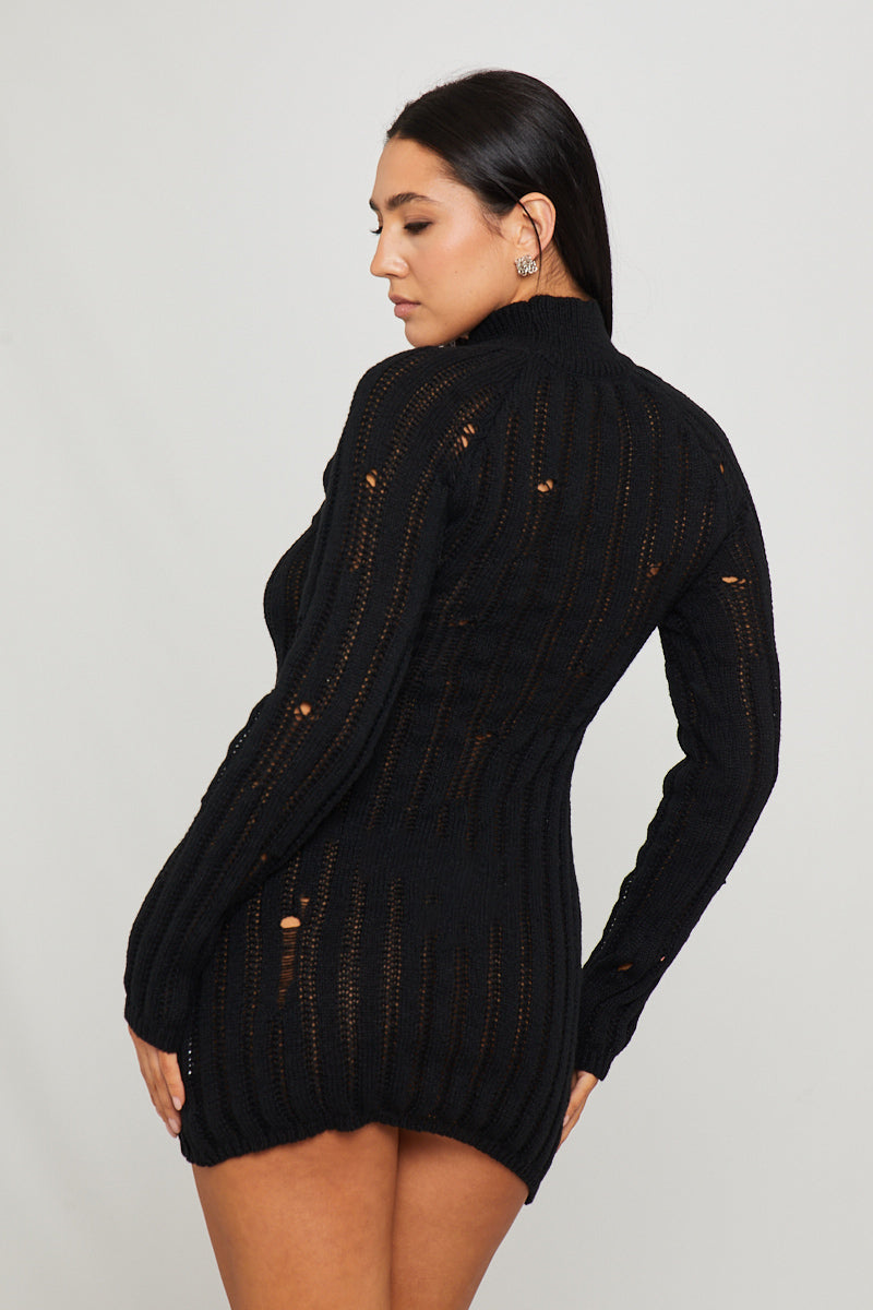 Valantomode | Chic Black Distressed Long Sleeve Turtleneck Dress