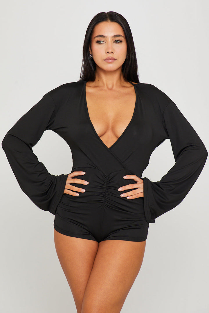 Valantomode | Chic Black Ruched Long Sleeve Open Back Playsuit