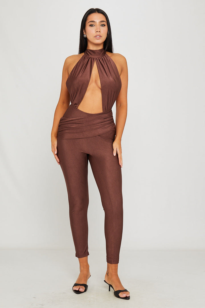 Valantomode | Chic Brown Halter Neck Cut-Out Sleeveless Jumpsuit