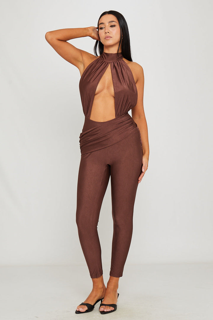 Valantomode | Chic Brown Halter Neck Cut-Out Sleeveless Jumpsuit