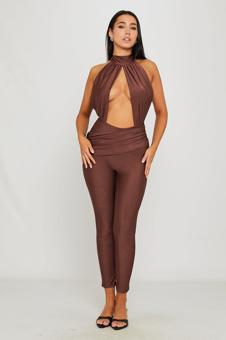 Valantomode | Chic Brown Halter Neck Cut-Out Sleeveless Jumpsuit